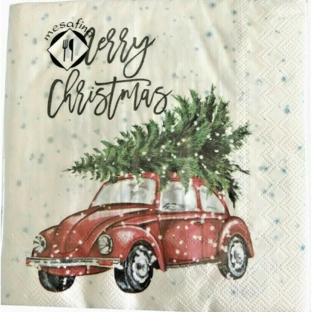 VW Bug Car Christmas Tree Red Paper Napkins Lunch Dinner 40 Ct 6.5x6.5
